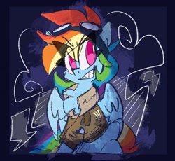 Size: 1752x1609 | Tagged: safe, artist:nekosnicker, imported from derpibooru, rainbow dash, pegasus, pony, abstract background, bomber jacket, clothes, eye clipping through hair, female, goggles, jacket, looking at you, mare, no pupils, sharp teeth, sitting, smiling, solo, spread wings, teeth, wings