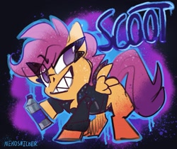 Size: 1677x1411 | Tagged: safe, artist:nekosnicker, imported from derpibooru, scootaloo, pegasus, pony, abstract background, clothes, eye clipping through hair, female, filly, graffiti, hoof hold, jacket, looking at you, no pupils, sharp teeth, smiling, solo, spray paint, spread wings, teeth, wings