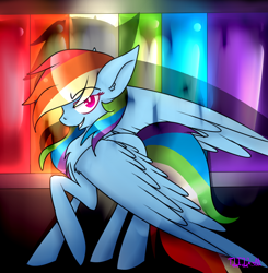 Size: 1000x1022 | Tagged: safe, artist:thelilcrazymoney, imported from derpibooru, rainbow dash, pegasus, pony, fanfic:rainbow factory, female, mare, rainbow factory dash, raised hoof, smiling, smirk, solo, spread wings, wings