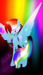 Size: 1861x3222 | Tagged: safe, artist:thelilcrazymoney, imported from derpibooru, rainbow dash, pegasus, pony, fanfic:rainbow factory, backwards cutie mark, blood, female, mare, rainbow factory dash, smiling, smirk, solo, spread wings, wings