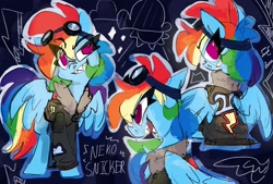 Size: 2048x1386 | Tagged: safe, artist:nekosnicker, imported from derpibooru, rainbow dash, pegasus, pony, bomber jacket, clothes, eye clipping through hair, female, goggles, jacket, no pupils, sharp teeth, solo, teeth