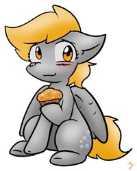 Size: 741x927 | Tagged: safe, artist:zutcha, imported from derpibooru, derpy hooves, pegasus, pony, blushing, cute, derpabetes, female, food, hoof hold, mare, muffin, simple background, sitting, solo, wavy mouth, white background