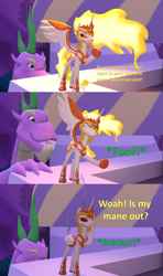 Size: 1920x3240 | Tagged: safe, artist:red4567, imported from derpibooru, daybreaker, princess celestia, spike, alicorn, dragon, pony, 3 panel comic, 3d, blowing, comic, disney, hades, hercules, laughing, mane of fire, movie reference, prank, source filmmaker, spikezilla