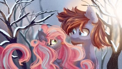 Size: 1264x713 | Tagged: safe, artist:melloncollie-chan, imported from derpibooru, oc, oc:mitra, oc:shadow sky, bat pony, earth pony, big hair, couple, cute, love, mlem, silly, snow, tongue out, tree, winter