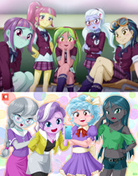 Size: 1200x1534 | Tagged: safe, artist:uotapo, edit, imported from derpibooru, cozy glow, diamond tiara, indigo zap, lemon zest, queen chrysalis, silver spoon, sour sweet, sugarcoat, sunny flare, equestria girls, adoraflare, bedroom eyes, belly button, belt, blushing, bra, cellphone, classroom, clothes, compression shorts, cozybetes, crossed arms, crossed legs, crystal prep academy uniform, cute, cutealis, diamondbetes, dress, equestria girls-ified, fangs, female, freckles, glasses, goggles, goggles on head, green eyes, hand on hip, looking at you, midriff, miniskirt, multicolored hair, open mouth, phone, pleated skirt, ponytail, school uniform, shadow five, short shirt, shorts, shorts under skirt, side slit, silverbetes, skirt, smartphone, smiling, sourbetes, sugarcute, underwear, younger, zapabetes, zestabetes