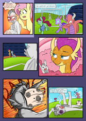 Size: 2893x4092 | Tagged: safe, artist:mustachedbain, imported from derpibooru, fluttershy, ocellus, smolder, oc, oc:august, oc:rexion, changedling, changeling, dragon, earth pony, pegasus, pony, comic:my dragon children, ball, blushing, bruised, comic, distracted, distracted by the sexy, dragon oc, giving up the ghost, swirly eyes