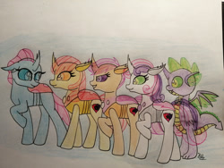 Size: 1280x960 | Tagged: safe, artist:hiroultimate, imported from derpibooru, apple bloom, ocellus, scootaloo, spike, sweetie belle, changedling, changeling, changedlingified, changelingified, cutie mark crusaders, species swap, traditional art