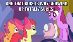 Size: 373x217 | Tagged: safe, edit, edited screencap, imported from derpibooru, screencap, apple bloom, berry punch, berryshine, scootaloo, sweetie belle, twilight sparkle, alicorn, celestial advice, caption, cutie mark crusaders, image macro, meme, text, twilight sparkle (alicorn)