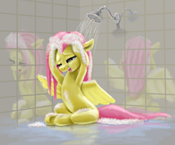 Size: 2457x2045 | Tagged: safe, artist:odooee, imported from derpibooru, fluttershy, pegasus, pony, cute, female, high res, mare, open mouth, reflection, shampoo, shiny skin, shower, showering, shyabetes, sitting, soap, solo, washing, wet mane