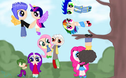 Size: 1280x800 | Tagged: safe, artist:loloujelsa, imported from derpibooru, cheese sandwich, discord, flash sentry, fluttershy, pinkie pie, rainbow dash, rarity, soarin', spike, twilight sparkle, human, alicorn humanization, alternate hairstyle, blushing, bush, cheesepie, chibi, clothes, confident, discoshy, dress, eyeshadow, female, flashlight, flight, flying, grass, hanging, hanging upside down, happy, holding hands, holiday, horn, horned humanization, humanized, jacket, jeans, kissing, leather jacket, looking at each other, makeup, male, mary janes, overalls, pants, shipping, shoes, shorts, skirt, smiling, sneakers, soarindash, socks, sparity, spiderman kiss, straight, tanktop, tomboy, tree, tree branch, upside down, valentine's day, winged humanization