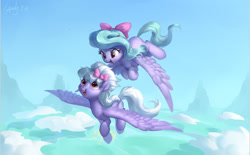 Size: 2400x1490 | Tagged: safe, artist:luciferamon, imported from derpibooru, cloudchaser, flitter, pegasus, pony, bow, cloud, cute, duo, female, flying, hair bow, looking at each other, mare, open mouth, siblings, sisters, sky, spread wings, wings