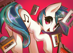 Size: 1301x944 | Tagged: safe, artist:mirroredsea, imported from derpibooru, dj pon-3, vinyl scratch, pony, unicorn, cassette, cassette tape, compact cassette, cute, female, looking at you, mare, open mouth, red background, simple background, solo, vinylbetes