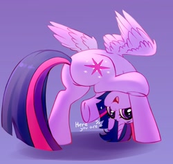 Size: 2248x2128 | Tagged: safe, artist:taneysha, imported from derpibooru, twilight sparkle, alicorn, pony, butt, cute, dialogue, ear fluff, female, heart, high res, looking at you, looking between legs, mare, open mouth, plot, purple background, silly, silly pony, simple background, solo, twiabetes, twibutt, twilight sparkle (alicorn), upside down