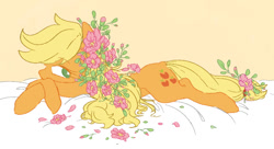 Size: 848x462 | Tagged: safe, artist:nota_mano, imported from derpibooru, applejack, earth pony, pony, cute, female, flower, flower in hair, jackabetes, mare, no pupils, prone, solo