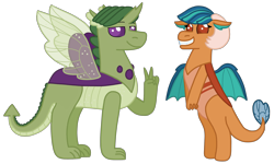 Size: 2048x1230 | Tagged: safe, artist:kindheart525, imported from derpibooru, oc, oc only, oc:emerald beetle, oc:pupa phosphorus, hybrid, kindverse, bipedal, dragonling, interspecies offspring, magical gay spawn, offspring, parent:princess ember, parent:spike, parent:thorax, parents:embrax, parents:thoraxspike, simple background, solo, transparent background