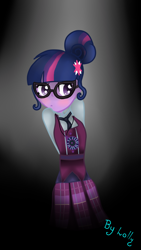 Size: 540x960 | Tagged: safe, artist:loloujelsa, imported from derpibooru, sci-twi, twilight sparkle, equestria girls, belt, blushing, clothes, crystal prep academy uniform, cute, female, glasses, hair bun, hands behind back, moe, necktie, school uniform, shirt, skirt, solo, twiabetes