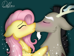 Size: 1024x768 | Tagged: safe, artist:delfinaluther, imported from derpibooru, discord, fluttershy, draconequus, pegasus, pony, blushing, cheek fluff, chest fluff, discoshy, eyes closed, female, floppy ears, green background, interspecies, kissing, lights, male, mare, profile, shipping, signature, simple background, straight