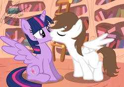 Size: 2048x1433 | Tagged: safe, artist:andrestoons, imported from derpibooru, twilight sparkle, oc, oc:andres vargas, alicorn, andlight, canon x oc, female, golden oaks library, kissing, ladder, male, shipping, spread wings, straight, twilight sparkle (alicorn), wings