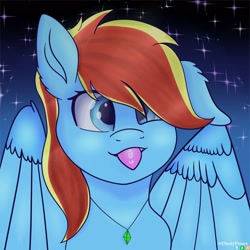 Size: 1600x1600 | Tagged: safe, artist:dustypones, imported from derpibooru, oc, oc only, oc:flamelight dash, pegasus, pony, :p, covered eyes, ear fluff, jewelry, male, necklace, night, simple background, solo, stallion, stars, tongue out, watermark, wings