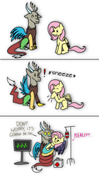 Size: 720x1280 | Tagged: safe, artist:delfinaluther, imported from derpibooru, discord, fluttershy, draconequus, pegasus, pony, :3, :i, blanket, blood, blood transfusion, coils, comic, concerned, crying, cute, dialogue, discoshy, discute, electrocardiogram, exclamation point, eyes closed, female, first aid kit, fluttershy is not amused, heart monitor, holding a pony, hoof over mouth, male, mare, onomatopoeia, overreaction, question, question mark, really?, shipping, simple background, sitting, smiling, sneezing, straight, swaddled, unamused, white background