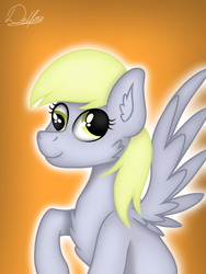 Size: 768x1024 | Tagged: safe, artist:delfinaluther, imported from derpibooru, derpy hooves, pegasus, pony, bust, cheek fluff, chest fluff, ear fluff, female, gradient background, mare, orange background, portrait, raised hoof, signature, simple background, smiling, solo, spread wings, three quarter view, wings