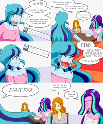 Size: 2000x2400 | Tagged: safe, artist:jake heritagu, imported from derpibooru, adagio dazzle, aria blaze, sonata dusk, comic:aria's archives, equestria girls, bowl, chair, clothes, comic, crying, dialogue, female, mug, speech bubble, spoon, table