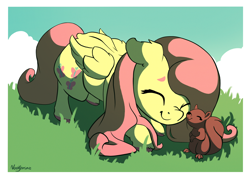 Size: 3500x2500 | Tagged: safe, artist:nookprint, imported from derpibooru, fluttershy, pegasus, pony, squirrel, cute, ear fluff, eyes closed, female, floppy ears, high res, mare, shyabetes, smiling, solo, unshorn fetlocks