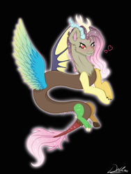 Size: 768x1024 | Tagged: safe, alternate version, artist:delfinaluther, imported from derpibooru, discord, fluttershy, draconequus, black background, blushing, colored wings, cute, cute little fangs, ethereal mane, fangs, female, fusion, fusion:discord, fusion:fluttershy, gradient wings, heart, looking at you, male, multicolored wings, signature, simple background, smiling, starry mane, wings