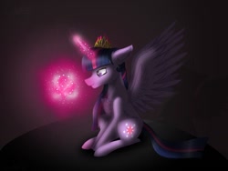 Size: 1024x768 | Tagged: safe, artist:delfinaluther, imported from derpibooru, twilight sparkle, alicorn, pony, cheek fluff, chest fluff, crown, darkness, ear fluff, female, glow, glowing, glowing horn, horn, jewelry, leg fluff, magic, mare, profile, regalia, shadow, sitting, smiling, solo, spread wings, twilight sparkle (alicorn), wings