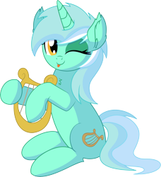 Size: 6183x6768 | Tagged: safe, artist:cyanlightning, imported from derpibooru, lyra heartstrings, pony, unicorn, .svg available, ;p, absurd resolution, chest fluff, cute, ear fluff, female, holding, lyrabetes, lyre, mare, musical instrument, one eye closed, open mouth, simple background, sitting, smiling, solo, tongue out, transparent background, vector