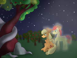 Size: 1024x768 | Tagged: safe, artist:delfinaluther, imported from derpibooru, applejack, bright mac, earth pony, ghost, pony, apple, apple tree, applejack's hat, cheek fluff, chest fluff, cowboy hat, crying, ear fluff, father and child, father and daughter, female, hat, hoof on shoulder, intertwined trees, leg fluff, male, mare, night, pear tree, shadow, sitting, smiling, spirit, stars, tree