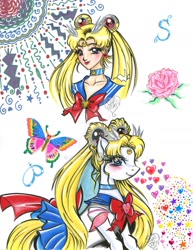 Size: 1280x1657 | Tagged: safe, artist:alaer, imported from derpibooru, butterfly, human, pony, ponified, sailor moon, self ponidox, serena tsukino, traditional art, tsukino usagi, watermark