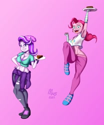 Size: 2000x2400 | Tagged: safe, artist:marches45, imported from derpibooru, pinkie pie, starlight glimmer, equestria girls, armpits, beanie, birthday gift, breasts, busty pinkie pie, busty starlight glimmer, chocolate cake, cleavage, clothes, digital art, duo, duo female, eye clipping through hair, eyebrows, eyebrows visible through hair, female, geode of sugar bombs, gift art, glim glam, gradient background, grin, hand on hip, hat, high res, hoodie, jumping, magical geodes, midriff, open mouth, open smile, plate, ponk, short shirt, signature, smiling, smiling at you, tanktop, tennis shoes