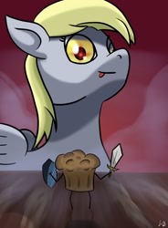 Size: 1024x1388 | Tagged: safe, artist:paw-of-darkness, imported from derpibooru, derpy hooves, pegasus, fog, food, kitchen eyes, muffin, red eyes, tongue out