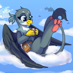 Size: 1500x1500 | Tagged: safe, artist:shadowreindeer, imported from derpibooru, gabby, griffon, chest fluff, chocolate, cloud, female, food, hot chocolate, leaning back, mailbag, on a cloud, paw pads, paws, relaxing, sitting, sitting on a cloud, sitting on cloud, sky, solo, toe beans, underpaw