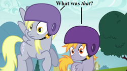 Size: 800x450 | Tagged: safe, edit, edited screencap, imported from derpibooru, screencap, crackle pop, derpy hooves, the cart before the ponies, crash helmet, reaction image, speech, tree