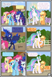 Size: 3255x4838 | Tagged: safe, artist:gutovi, imported from derpibooru, applejack, fluttershy, pinkie pie, princess celestia, princess luna, rainbow dash, rarity, twilight sparkle, alicorn, earth pony, pegasus, pony, unicorn, comic:why me!?, alternate ending, alternate hairstyle, applelestia, comic, female, glowing eyes, lesbian, mane six, missing accessory, pigtails, shipping, shipping denied, show accurate, sun, sunrise, sweet apple acres, traditional royal canterlot voice, twilight sparkle (alicorn)