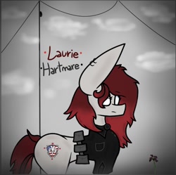 Size: 828x826 | Tagged: safe, artist:kittycatrittycat, imported from derpibooru, oc, oc only, oc:laurie hartmare, earth pony, pony, cloud, cloudy, dead flowers, ear piercing, earring, fog, jewelry, piercing, police officer, solo, wires