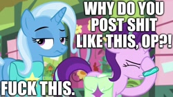 Size: 1280x720 | Tagged: safe, edit, edited screencap, editor:useraccount, imported from derpibooru, screencap, starlight glimmer, trixie, student counsel, caption, facehoof, image macro, meme, op, op is a duck (reaction image), reaction image, text, trixie yells at everything, unimpressed, vulgar