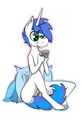 Size: 1600x2430 | Tagged: safe, artist:bumskuchen, imported from derpibooru, oc, oc only, oc:shifting gear, anthro, unicorn, casual nudity, game boy, happy, nudity, pillow, simple background, smiling, solo, transparent background