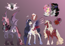 Size: 4261x3000 | Tagged: safe, artist:bunnari, imported from derpibooru, fluttershy, king sombra, oc, oc only, oc:blood love, oc:calla lilith, oc:seraphim allure, alicorn, bat pony, bat pony alicorn, pegasus, pony, unicorn, alicorn oc, bat pony oc, fangs, female, gradient background, horn, male, mare, offspring, parent:fluttershy, parent:king sombra, parents:sombrashy, shipping, sombrashy, stallion, straight, unshorn fetlocks