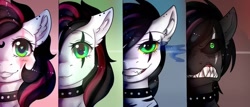 Size: 1280x549 | Tagged: safe, artist:highroller, artist:kao-chou, imported from derpibooru, oc, oc only, oc:emala jiss, pegasus, pony, angry, collar, colored pupils, colored sclera, digital art, female, grin, heart eyes, mare, pegasus oc, scar, simple background, smiling, solo, teeth, wingding eyes