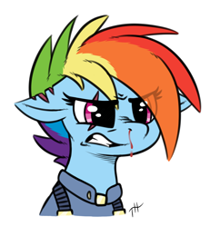 Size: 1450x1500 | Tagged: safe, artist:fakskis, imported from derpibooru, rainbow dash, pegasus, pony, the cutie re-mark, alternate hairstyle, alternate timeline, apocalypse dash, blood, clothes, crystal empire, crystal war timeline, eye clipping through hair, female, gritted teeth, mare, military uniform, nosebleed, scar, simple background, solo, torn ear, transparent background, uniform