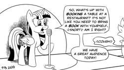 Size: 1200x675 | Tagged: safe, artist:pony-berserker, imported from derpibooru, twilight sparkle, alicorn, pony, bad joke, bad pun, black and white, book, crosshatch, cute, female, grayscale, mare, microphone, monochrome, offscreen character, plant, pony-berserker's twitter sketches, pun, simple background, sketch, solo, speech bubble, spotlight, stand-up comedy, that pony sure does love books, twiabetes, twilight sparkle (alicorn), white background