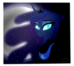 Size: 2272x2022 | Tagged: safe, artist:princesslunka10, imported from derpibooru, princess luna, alicorn, pony, bust, ethereal mane, female, floppy ears, high res, mare, moon, nightmare luna, peytral, portrait, slit eyes, slit pupils, solo, starry mane