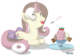 Size: 4635x3404 | Tagged: safe, artist:le-23, imported from derpibooru, oc, oc only, oc:icy sweetcream, pony, unicorn, bow, female, food, high res, ice cream, magic, mare, prone, simple background, solo, tail bow, transparent background