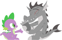 Size: 3578x2298 | Tagged: safe, artist:porygon2z, imported from derpibooru, spike, oc, oc:draco, oc:draco axel, dragon, duo, duo male, eyes closed, holding foot, male, open mouth, scar, simple background, sniffing, transparent background, vector