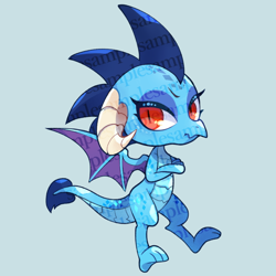 Size: 640x640 | Tagged: safe, artist:sibashen, imported from derpibooru, princess ember, dragon, blue background, chibi, crossed arms, cute, dragoness, emberbetes, female, gray background, obtrusive watermark, simple background, slit pupils, solo, watermark