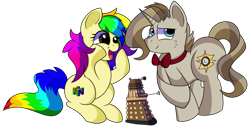 Size: 1280x649 | Tagged: safe, artist:rainbowtashie, imported from derpibooru, doctor whooves, prince blueblood, time turner, oc, oc:rainbow tashie, oc:royal minutes, earth pony, pony, unicorn, bowtie, commissioner:bigonionbean, cutie mark, dalek, doctor who, fusion, fusion:prince blueblood, fusion:royal minutes, fusion:time turner, male, nintendo 64, simple background, stallion, toy, transparent background, writer:bigonionbean