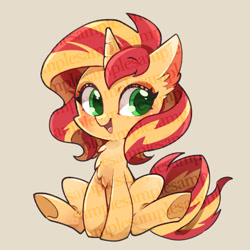 Size: 640x640 | Tagged: safe, artist:sibashen, imported from derpibooru, sunset shimmer, pony, unicorn, chest fluff, chibi, cute, ear fluff, female, looking at you, mare, obtrusive watermark, shimmerbetes, sitting, smiling, solo, tan background, underhoof, watermark